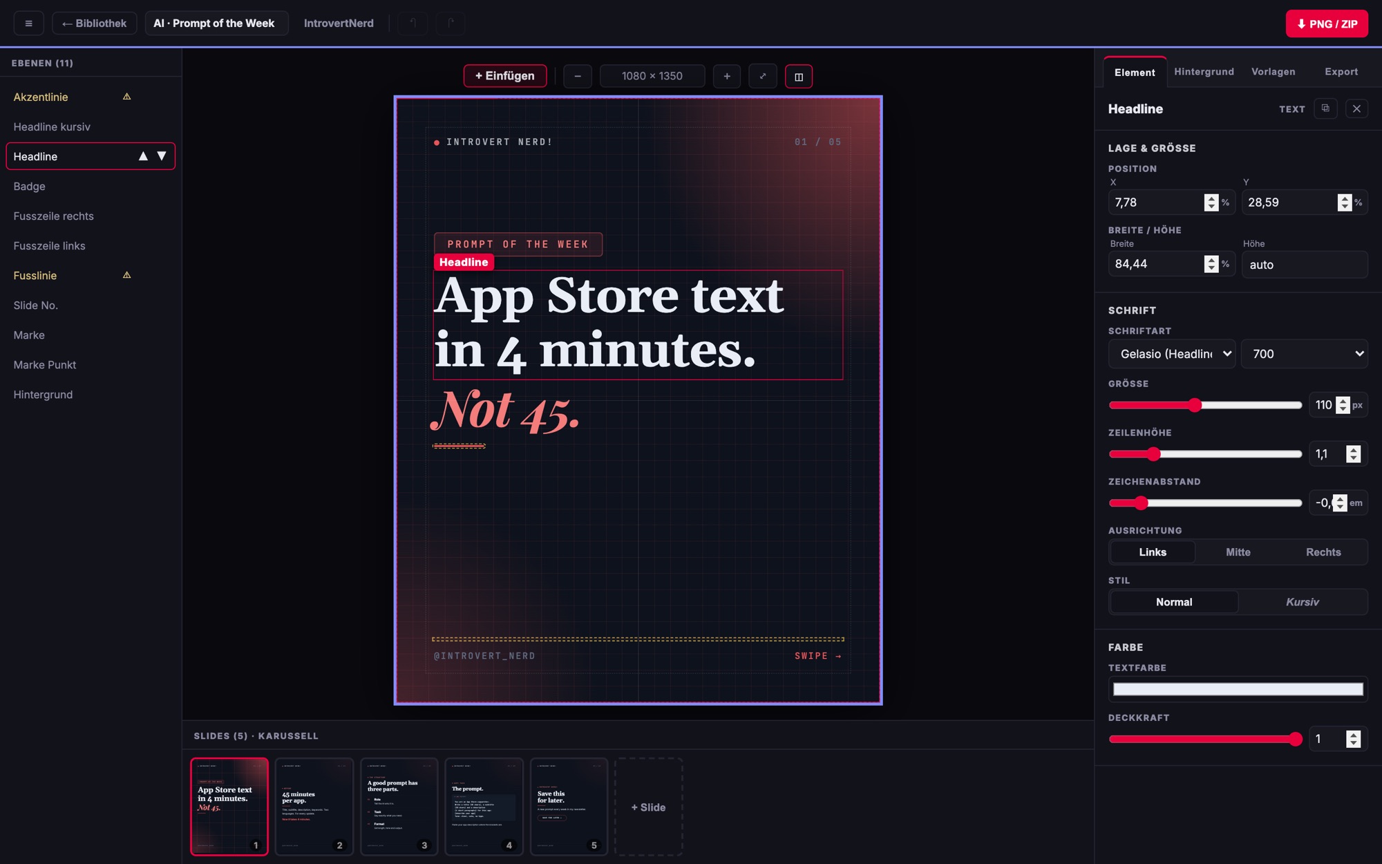 Der Editor von Creator Machine mit einer Karussell-Slide, Ebenen links und Schrift-Einstellungen rechts